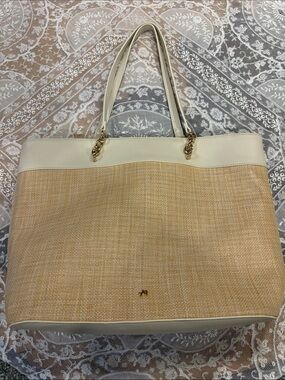 Cream & Natural Woven Tote with Gold Hardware